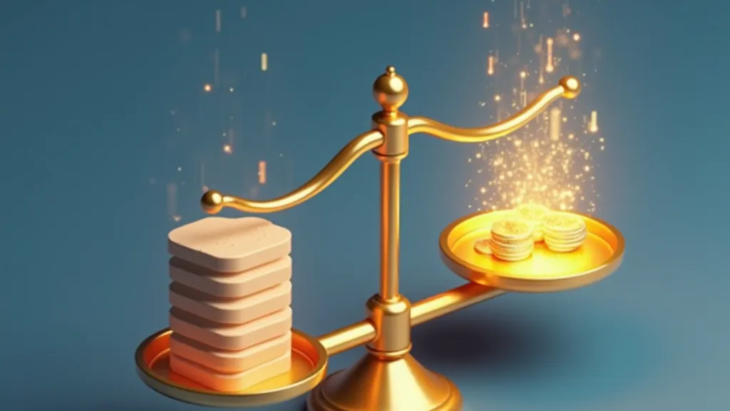 Isometric scale weighing data blocks against coins to illustrate per-token LLM cost